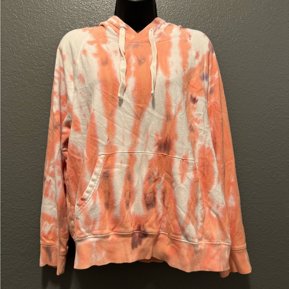 orange, white, and purple tie-dye hooded sweatshirt